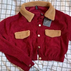 crop red corduroy faux sherpa trim button jacket